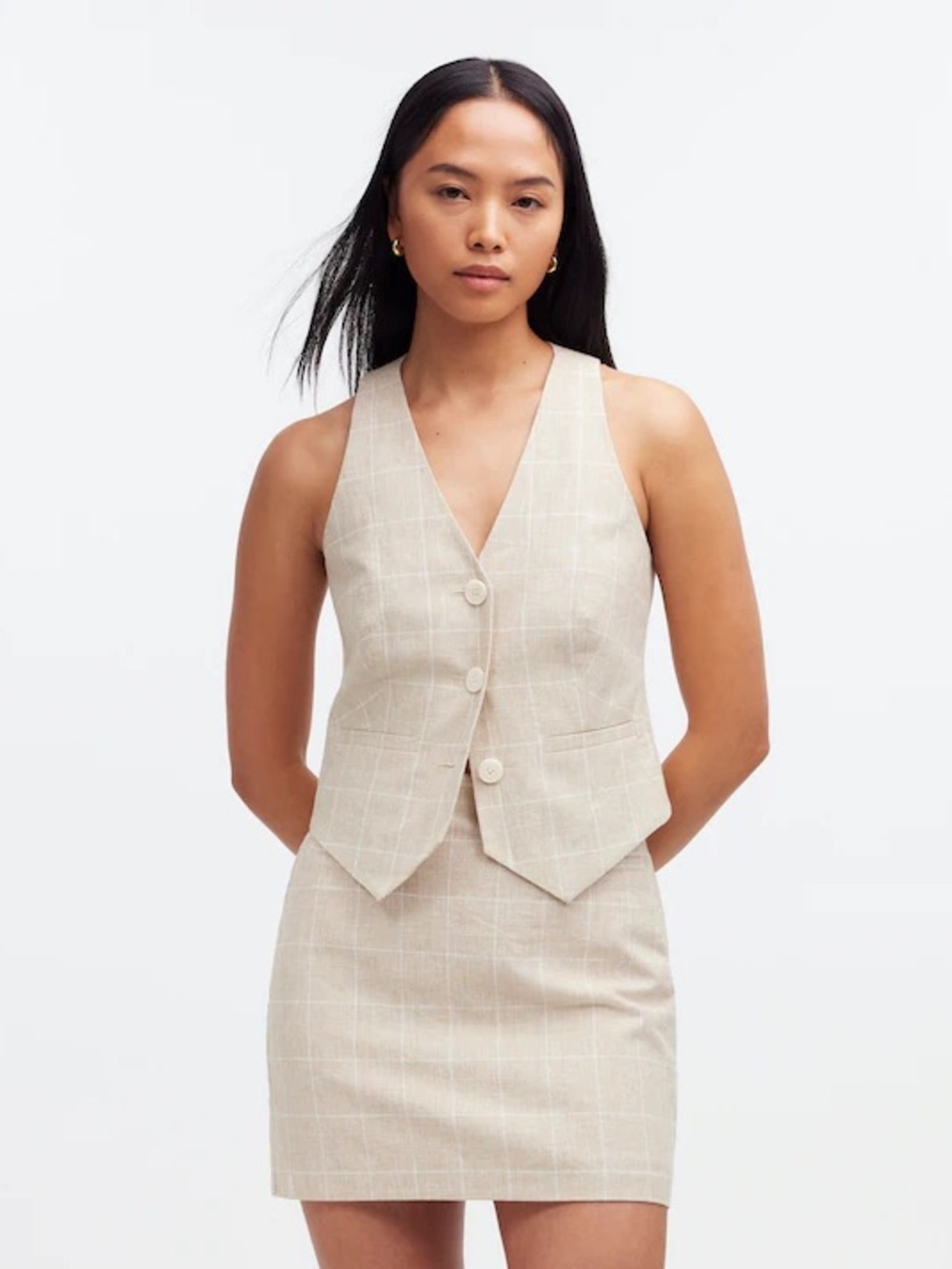 NWOT Madewell Beige Windowpane Linen Tailored Vest & Skirt Set
